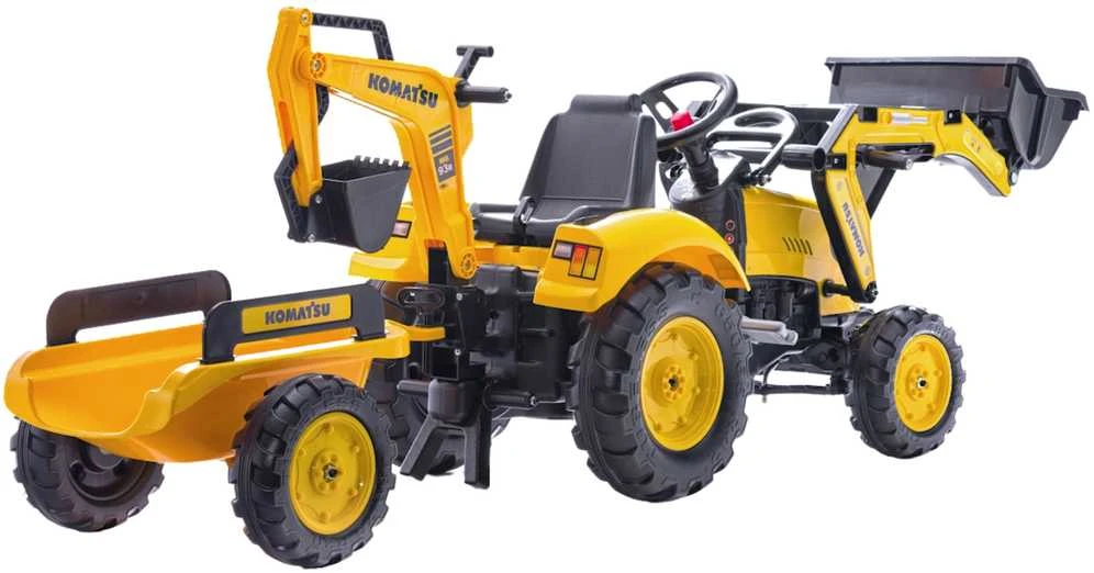 Pedalinis traktorius–ekskavatorius FALK KOMATSU su kaušu ir priekaba