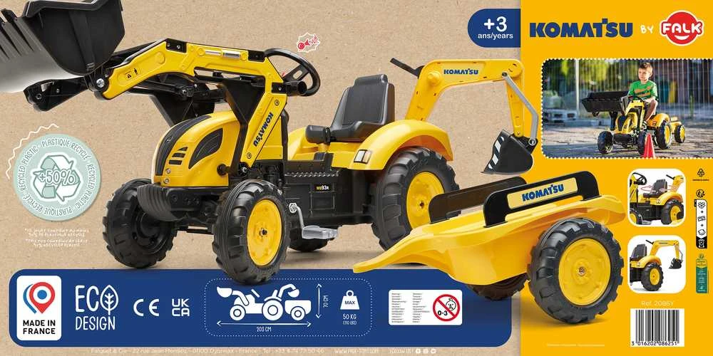 Pedalinis traktorius–ekskavatorius FALK KOMATSU su kaušu ir priekaba