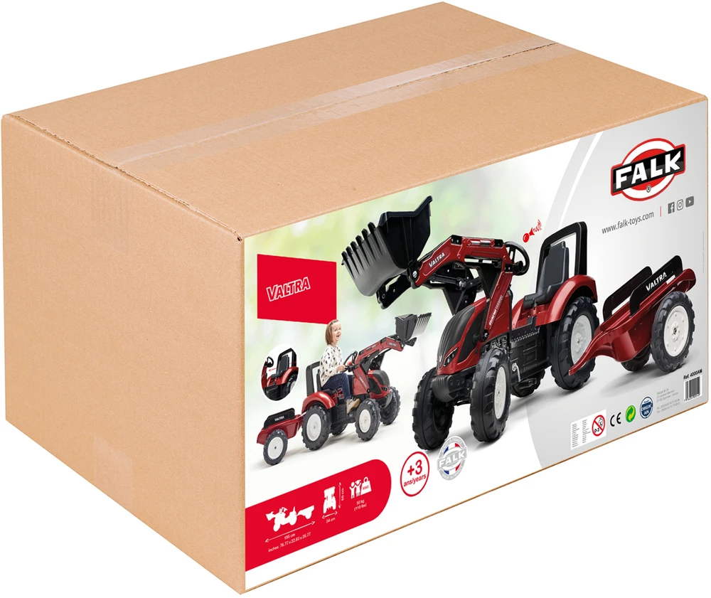 Dymo FALK pedalinis traktorius Valtra bordo spalvos su priekaba ir kaušu