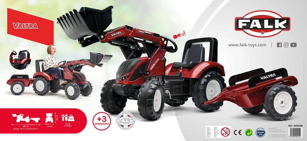 Dymo FALK pedalinis traktorius Valtra bordo spalvos su priekaba ir kaušu