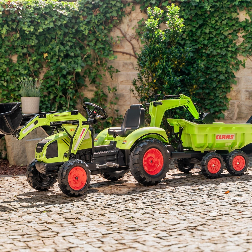 FALK pedalinis traktorius Claas Avec žalias su priekaba