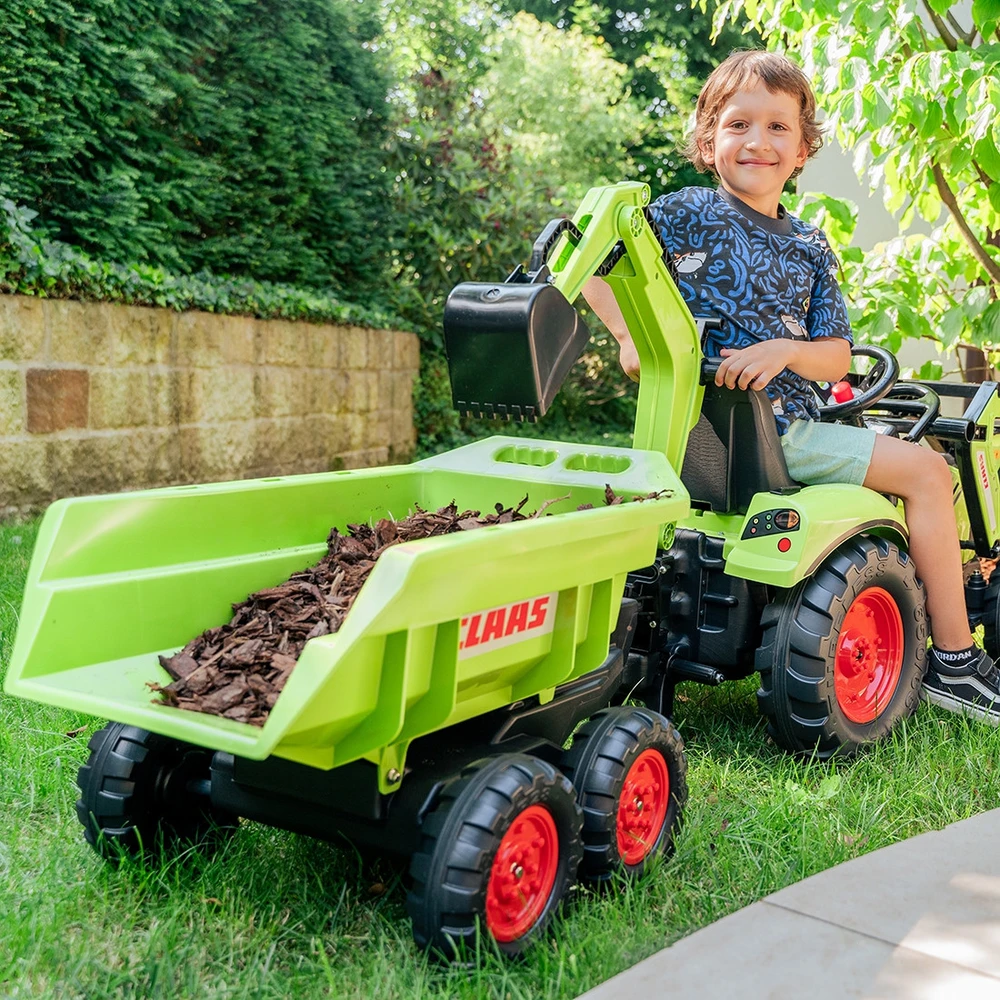 FALK pedalinis traktorius Claas Avec žalias su priekaba