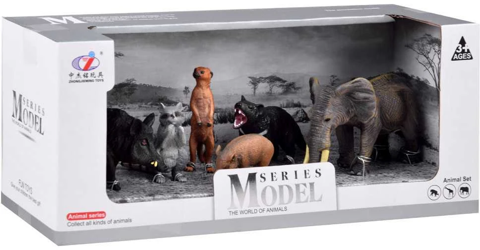 Figūrėlės gyvūnai dramblys meerkat raccoon 6pcs