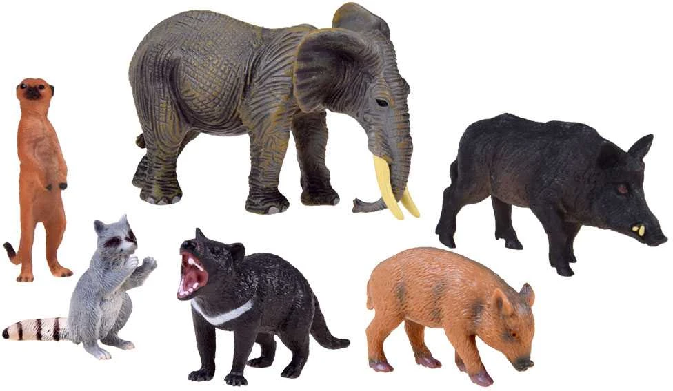 Figūrėlės gyvūnai dramblys meerkat raccoon 6pcs