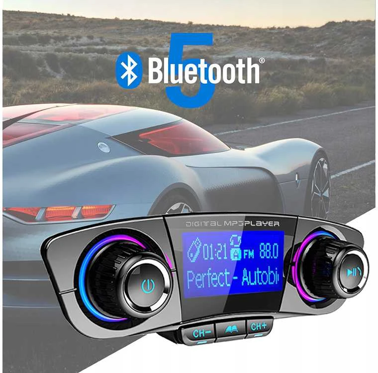 FM siųstuvas su Bluetooth USB 5.0, 8 funkcijos