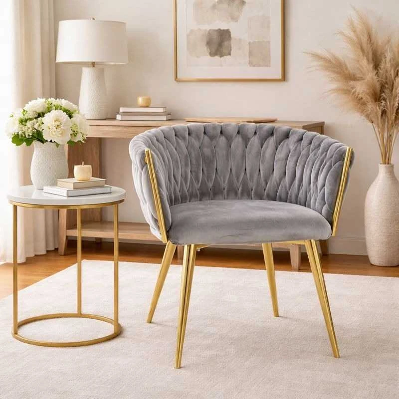 Glamour Kėdė Pilkas Velvet – Auksinėmis Kojomis, Woven Modernus Dizainas