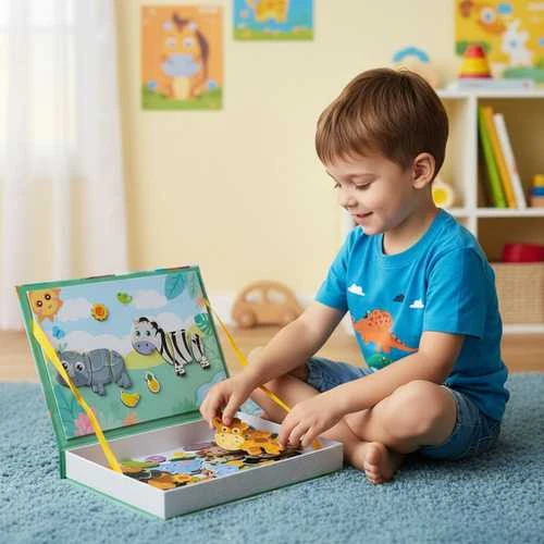 Iso Trade Montessori magnetinė dėlionė vaikams - Afrikos gyvūnai, 47 magnetai, 6 kortelės