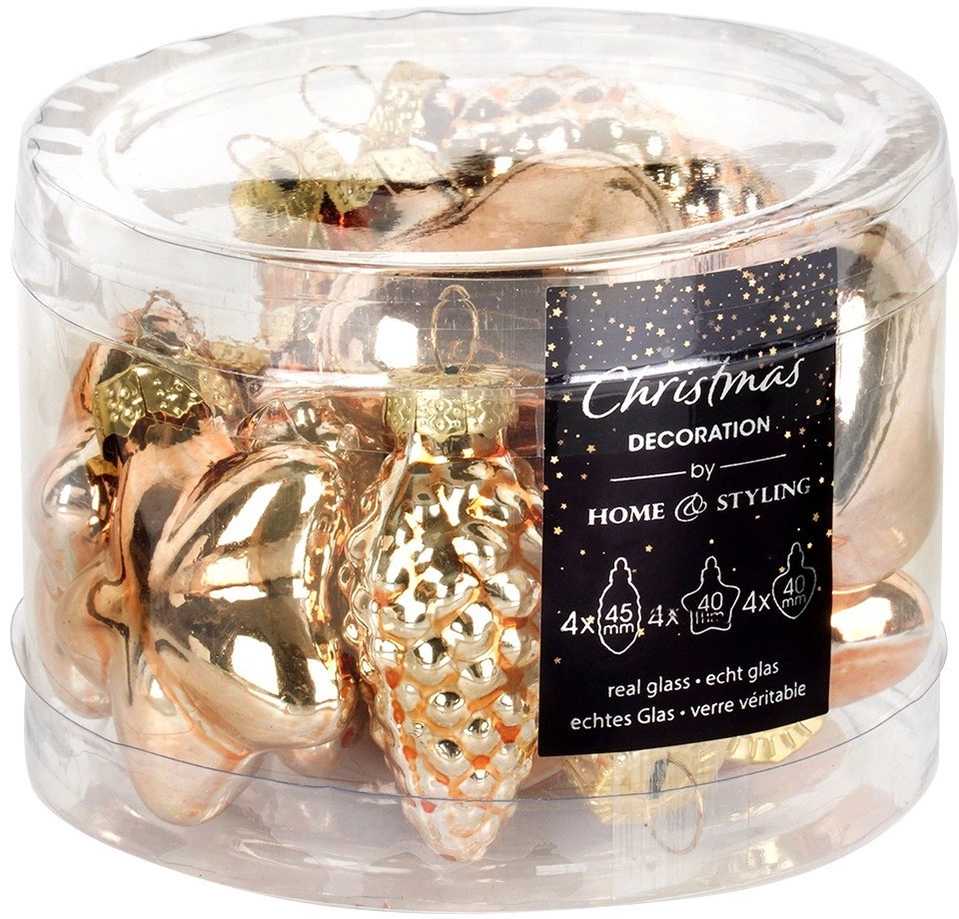 Skrzynkazdrewna Home Styling Collection Kalėdų dekoracijos Stiklinės ornamentai 12 vnt. Auksinės spalvos