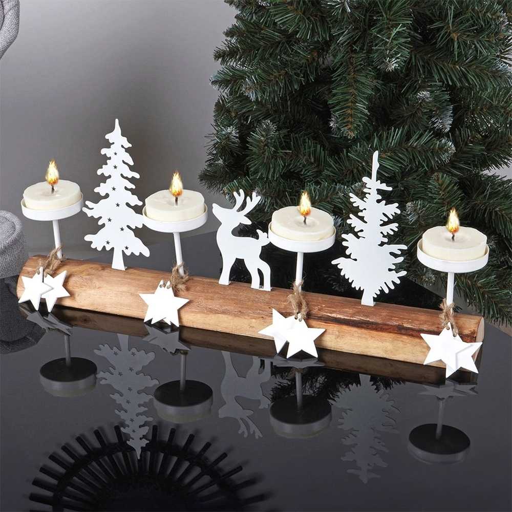 Home Styling Collection Žvakidė medinė balta 4 žvakėms 40x6x16,5 cm