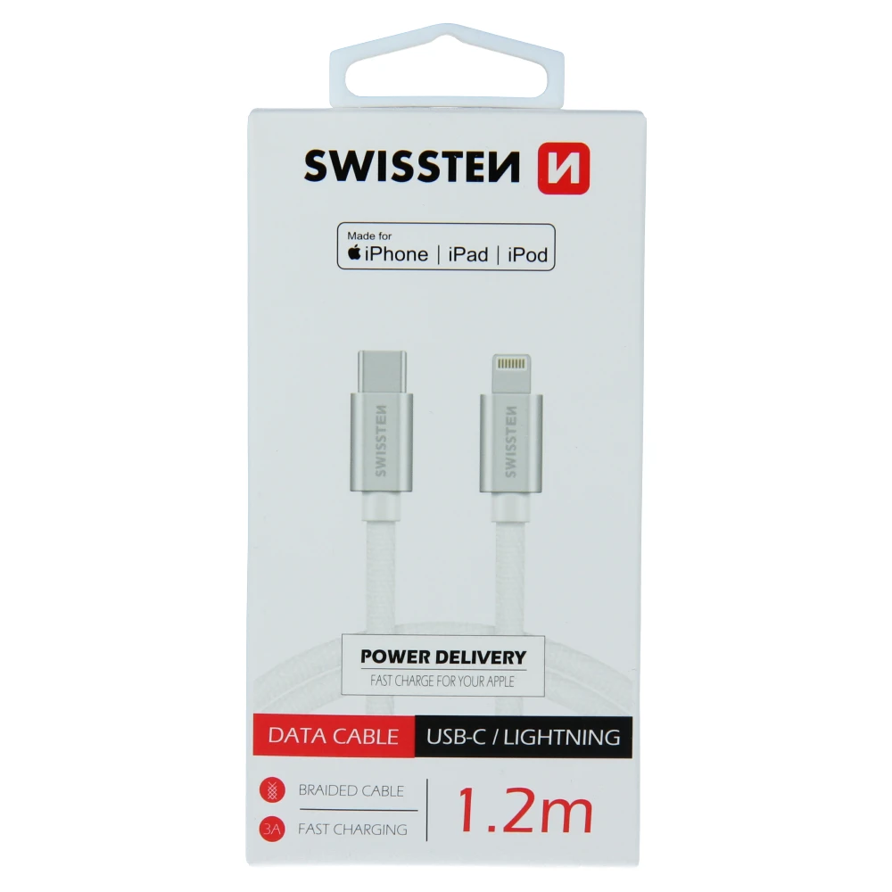 Kabelio / USB -C kabelis / „Lightning MFI“ 1,2 M Swissten - sidabras