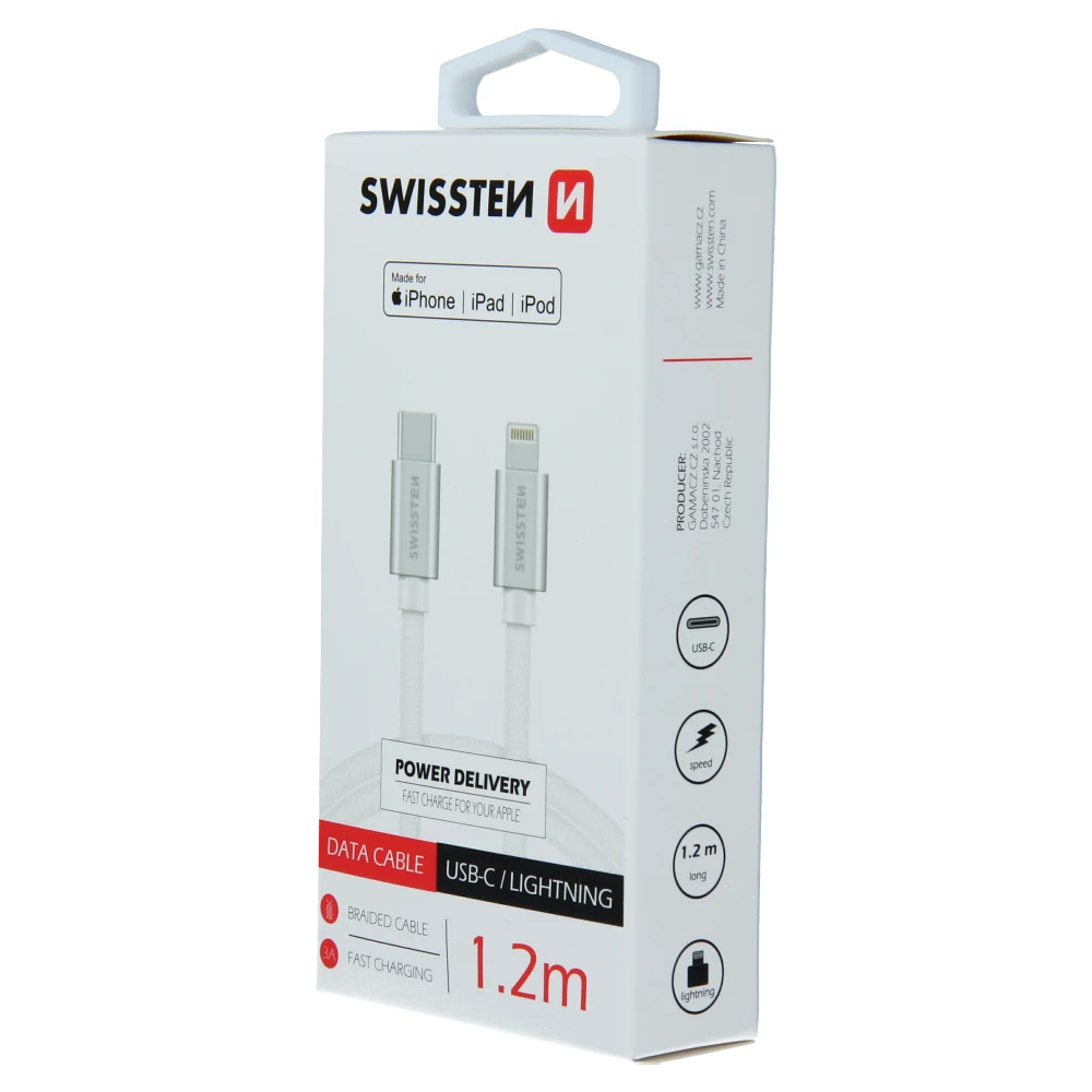 Kabelio / USB -C kabelis / „Lightning MFI“ 1,2 M Swissten - sidabras