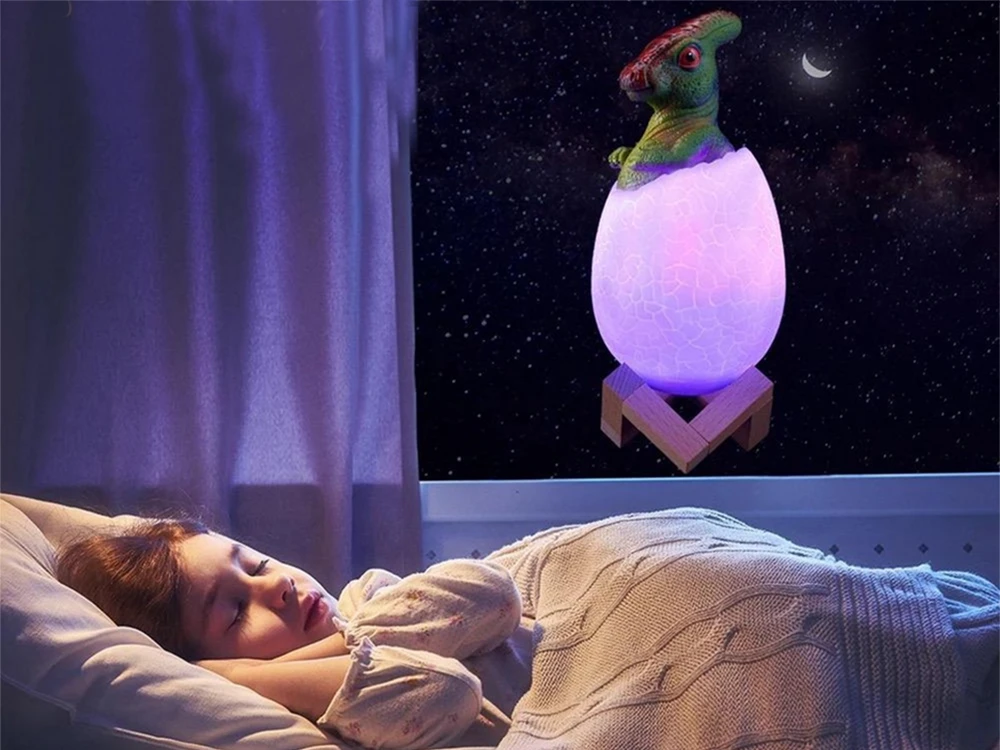 Naktinė lempa dinozauras, RGB LED, su medine pagrindu