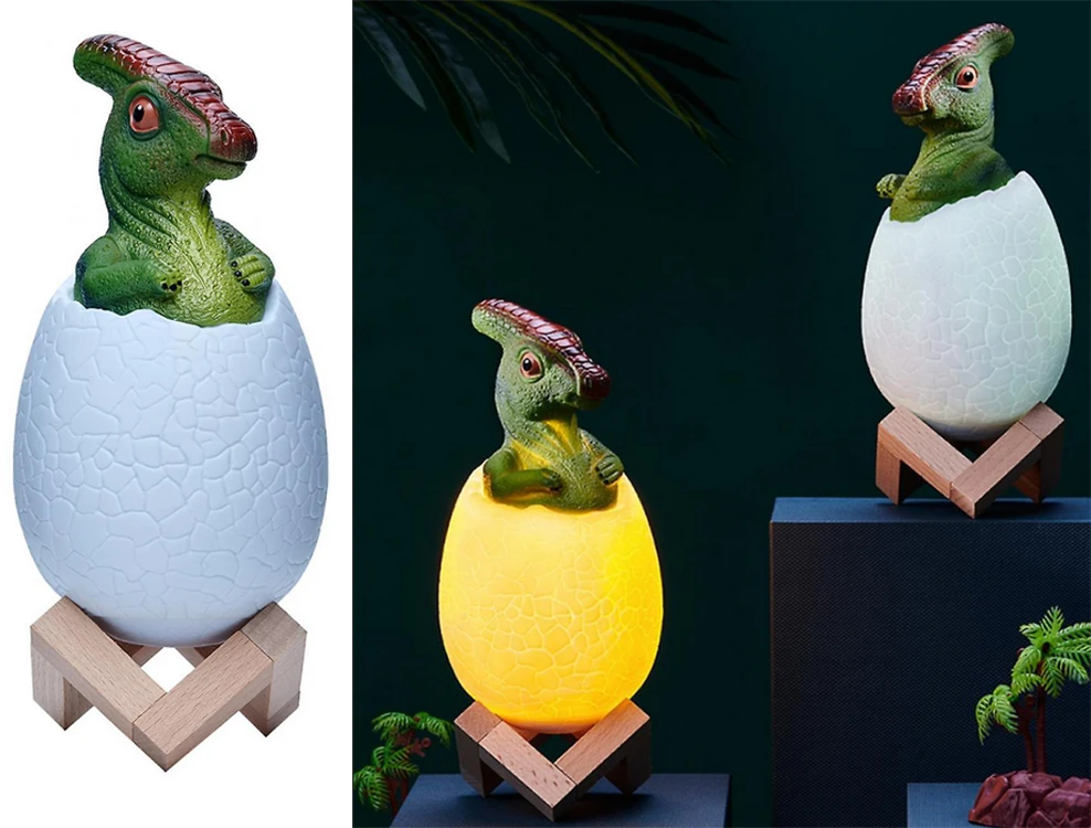 Naktinė lempa dinozauras, RGB LED, su medine pagrindu