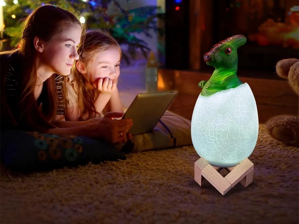 Naktinė lempa dinozauras, RGB LED, su medine pagrindu