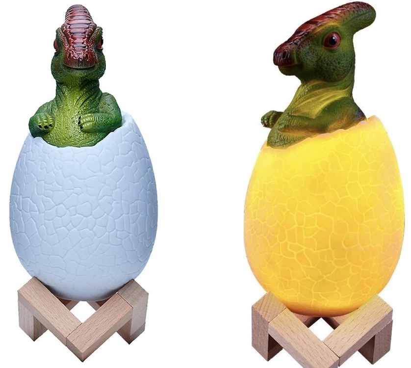 Naktinė lempa dinozauras, RGB LED, su medine pagrindu