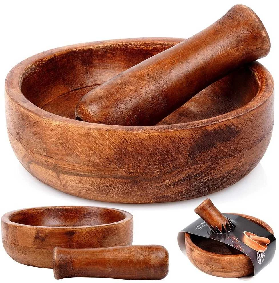Practic Mörser Holzmörser Küchenmörser Gewürzmörser mit Stößel aus Holz