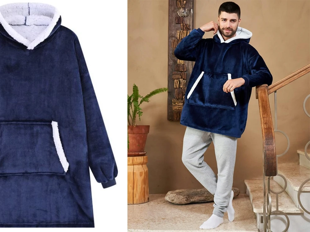 Šiltas oversize pledsa su gobtuvu, tamsiai mėlyna