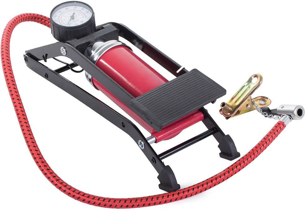 Viencilindrė kojinė pompa su manometru ir antgaliais, 100 PSI