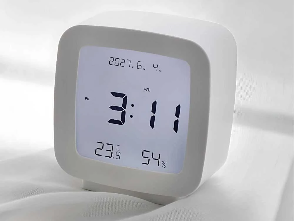 LCD žadintuvas su data ir temperatūra, su atidėjimo funkcija, drėgmės matavimu