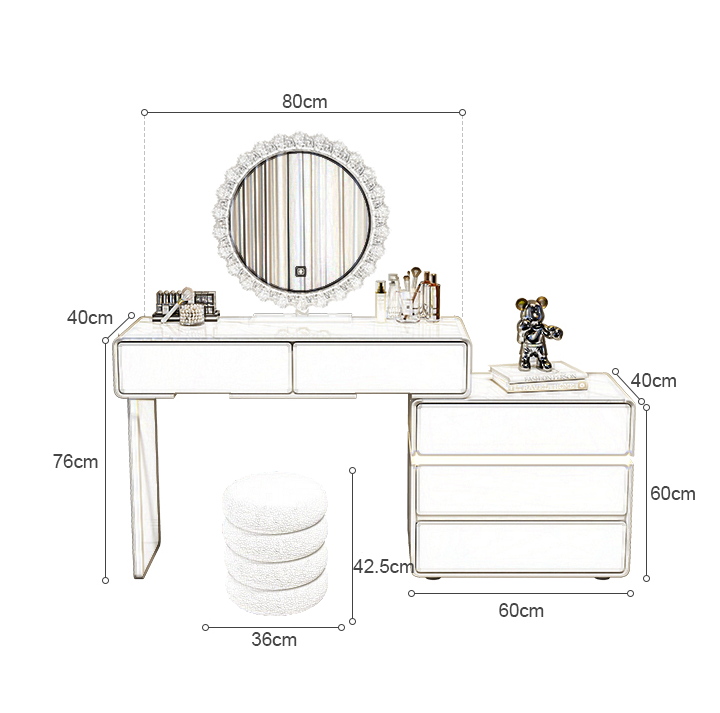 Paula Makeup Stalas LED - Baltas/Rudas - 80 cm