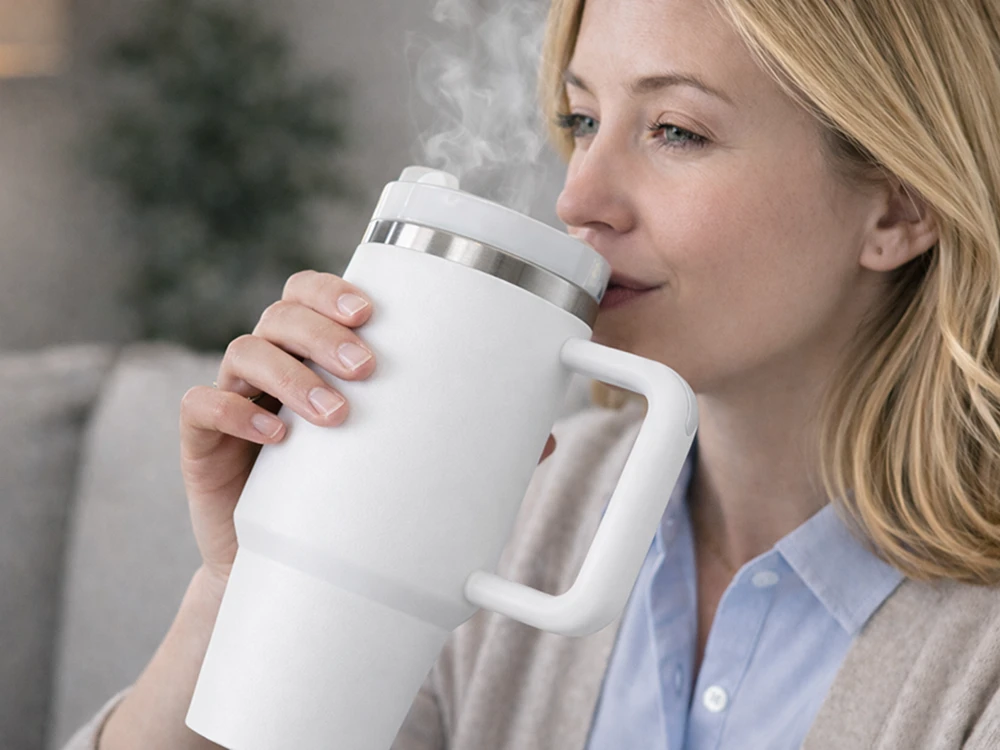 Platus terminis puodelis 1.2L su šiaudeliu ir plieno rankena, termosinis puodelis