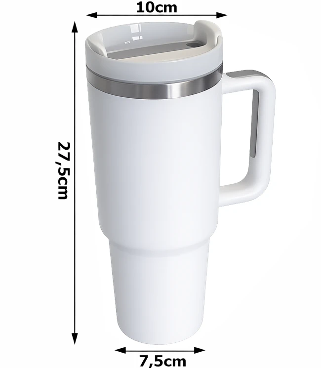 Platus terminis puodelis 1.2L su šiaudeliu ir plieno rankena, termosinis puodelis