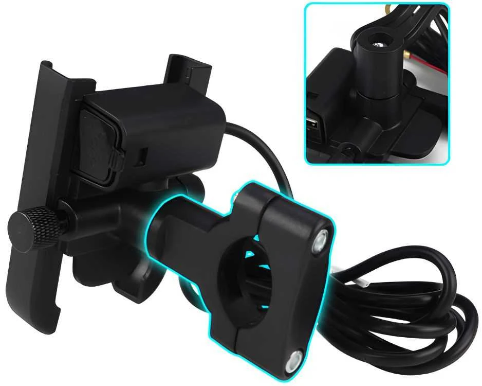 Reguliuojamas motociklo telefono laikiklis su USB įkrovimu