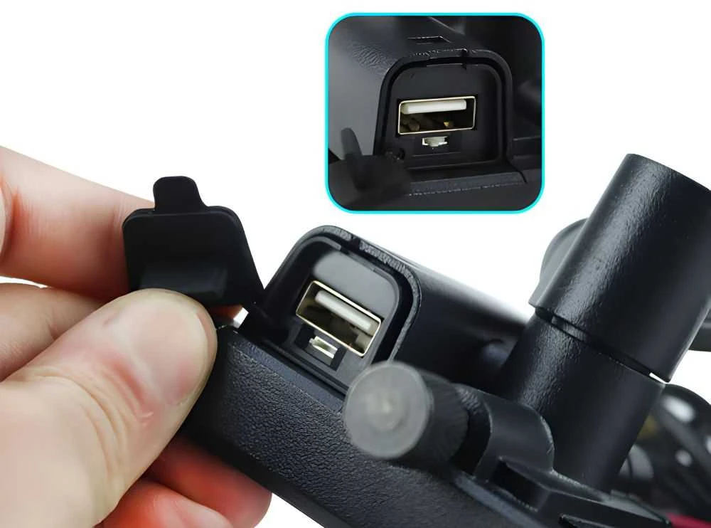Reguliuojamas motociklo telefono laikiklis su USB įkrovimu