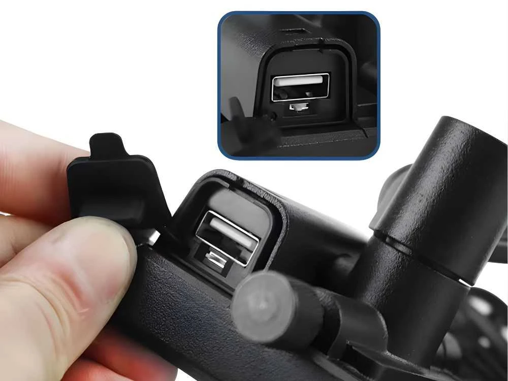 Reguliuojamas motociklo telefono laikiklis su USB įkrovimu