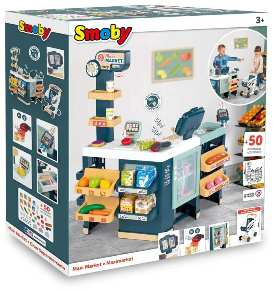 Smoby Prekių Prikrovimo Vežimėlis su Elektronine Kasa, Skaneriu, Svarstyklių ir Šaldytuvu