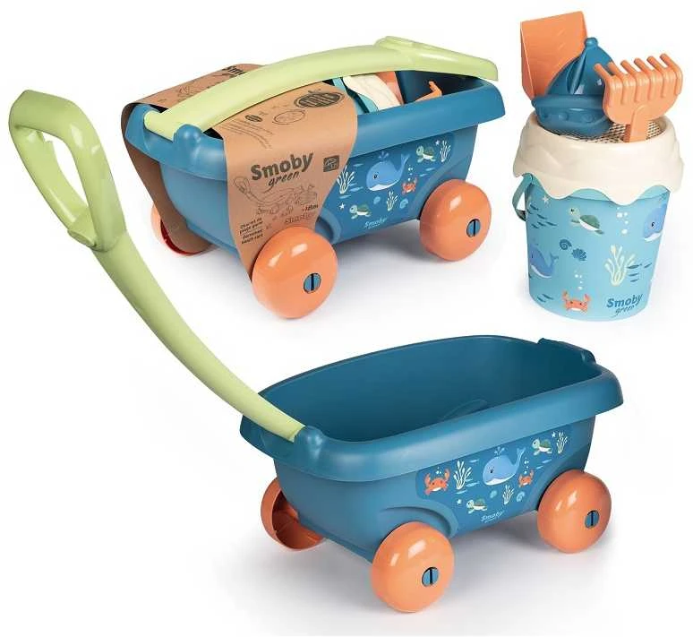 „Smoby“ vežimėlis su kibire ir bioplastikų smėlio aksesuarais