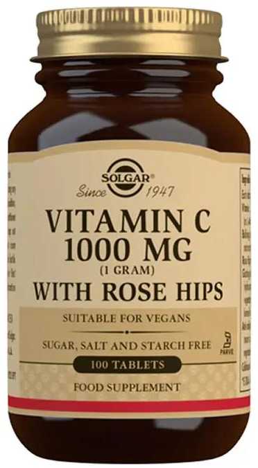 Solgar Vitaminas C 1g 100 tablečių su erškėtuogėmis