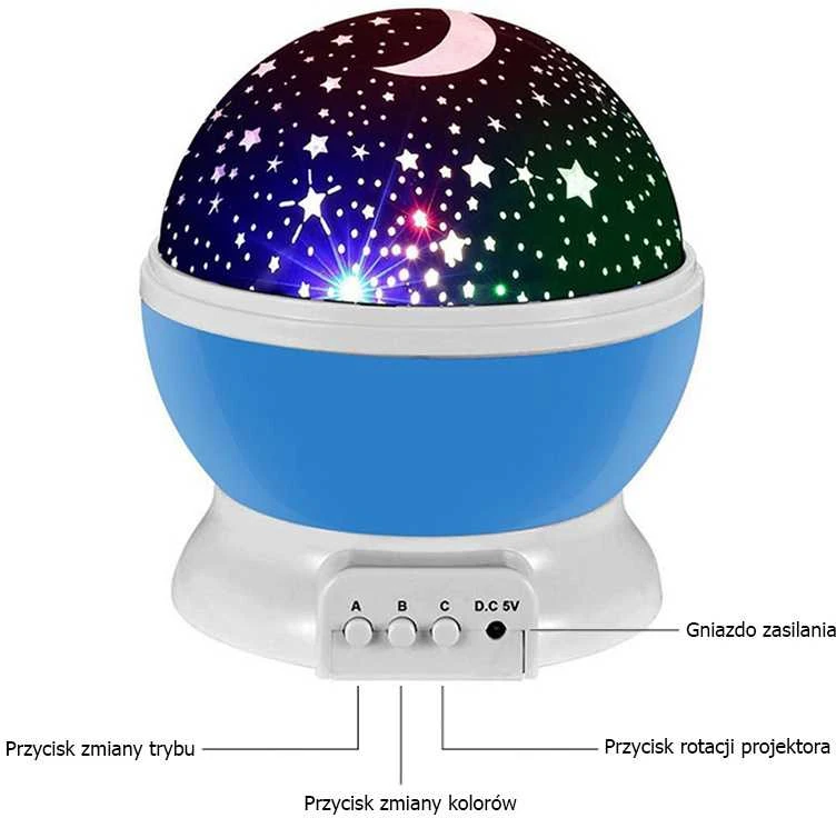 Žvaigždžių projektorius su 360° sukimu ir šiltu apšvietimu, 11x14 cm, mėlynas