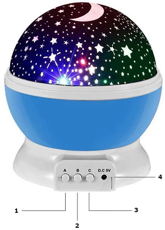 Žvaigždžių projektorius su 360° sukimu ir šiltu apšvietimu, 11x14 cm, mėlynas