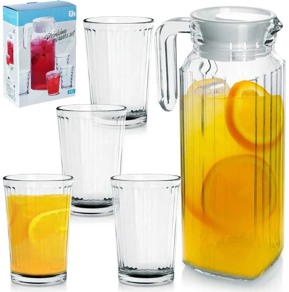 Excellent Houseware Stiklinis 5 dalių džbanas su dangteliu ir stiklinėmis