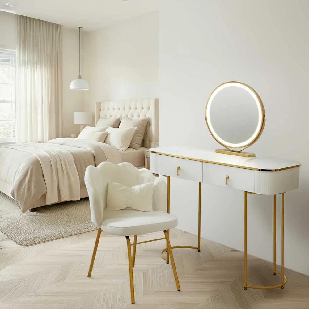 Stilingas kosmetinis stalas su LED veidrodžiu 100 cm Baltas + Kėdė