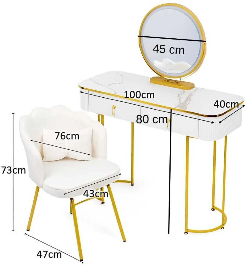Stilingas kosmetinis stalas su LED veidrodžiu 100 cm Baltas + Kėdė