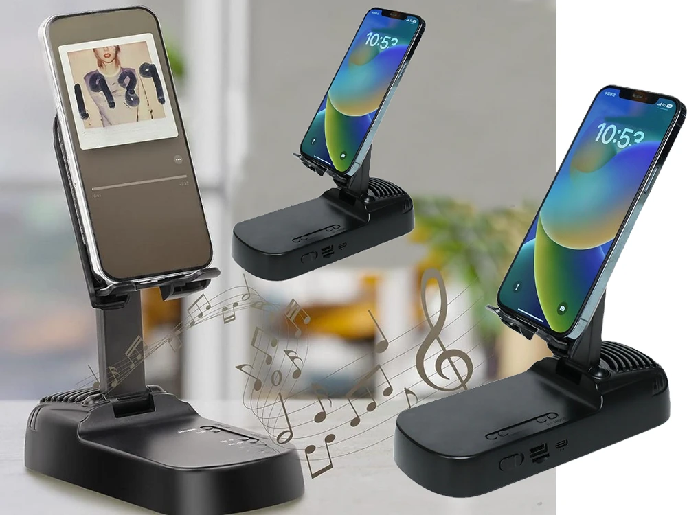 Stovas telefonui su teleskopiniu laikikliu ir Bluetooth garsiakalbiu