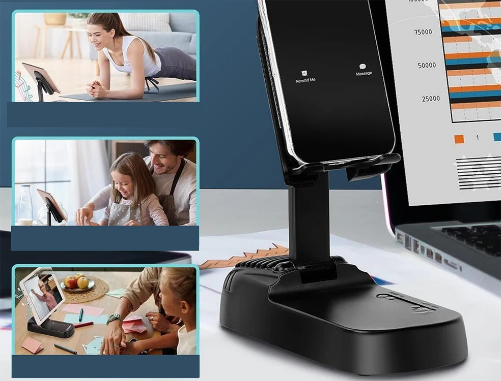 Stovas telefonui su teleskopiniu laikikliu ir Bluetooth garsiakalbiu