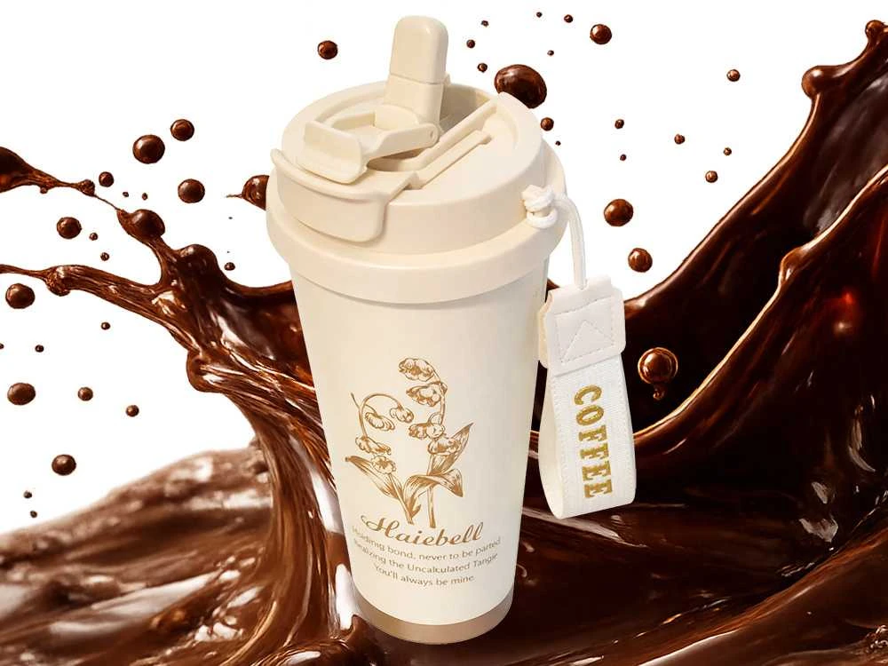 Termo puodelis su šiaudeliu ir plienine rankenėle 530 ml