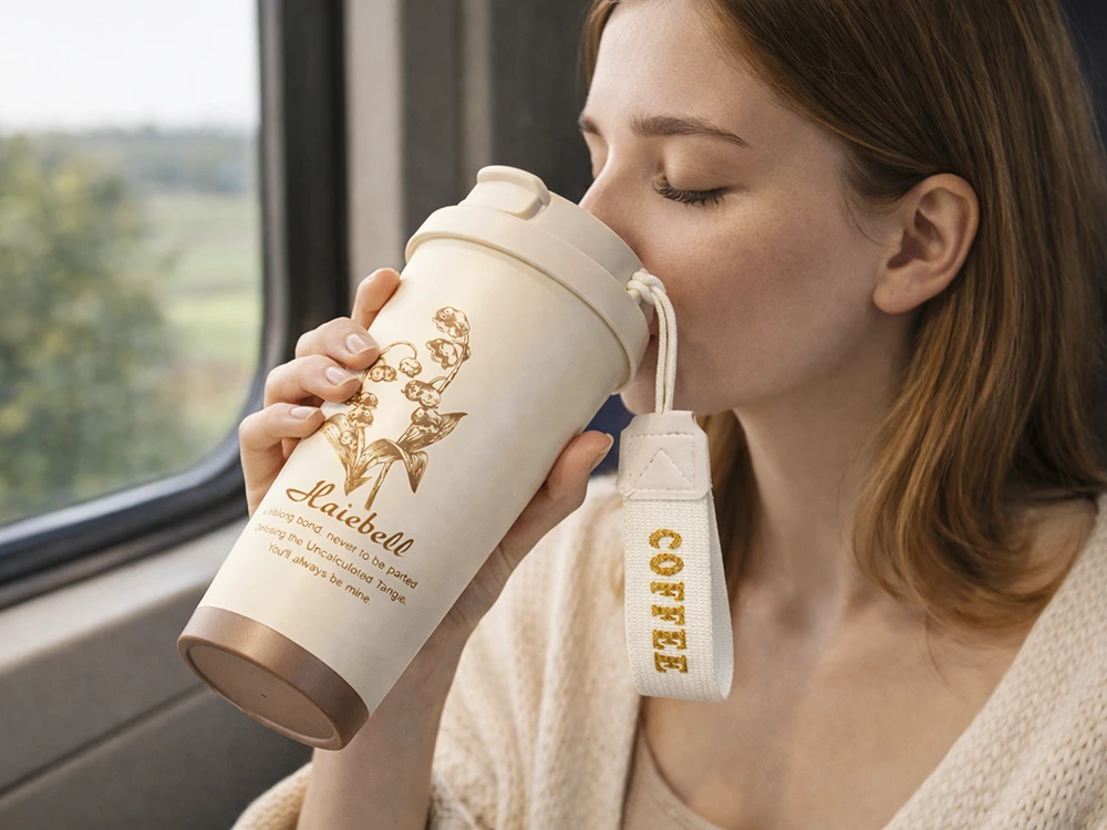 Termo puodelis su šiaudeliu ir plienine rankenėle 530 ml