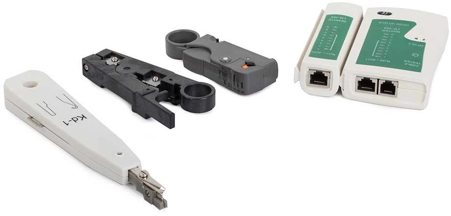 Tinklo įrankių rinkinys su testeriu ir griebtuvu RJ45