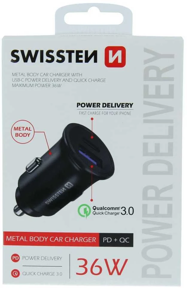 USB -C + Super Charge 3.0W „Nano Swissten“ automobilio „Adapte RPOWer“ pristatymas - juodas