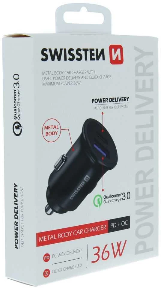 USB -C + Super Charge 3.0W „Nano Swissten“ automobilio „Adapte RPOWer“ pristatymas - juodas