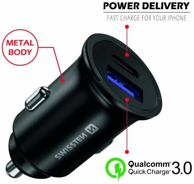 USB -C + Super Charge 3.0W „Nano Swissten“ automobilio „Adapte RPOWer“ pristatymas - juodas
