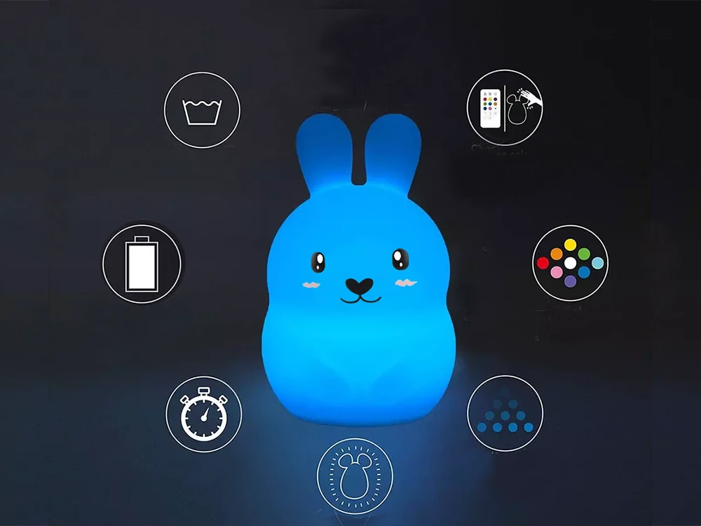 Vaikiška naktinė lempa triušis LED RGB su nuotolinio valdymo pultu