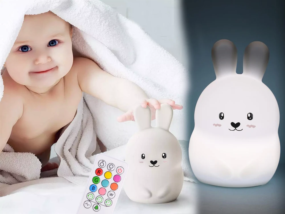 Vaikiška naktinė lempa triušis LED RGB su nuotolinio valdymo pultu