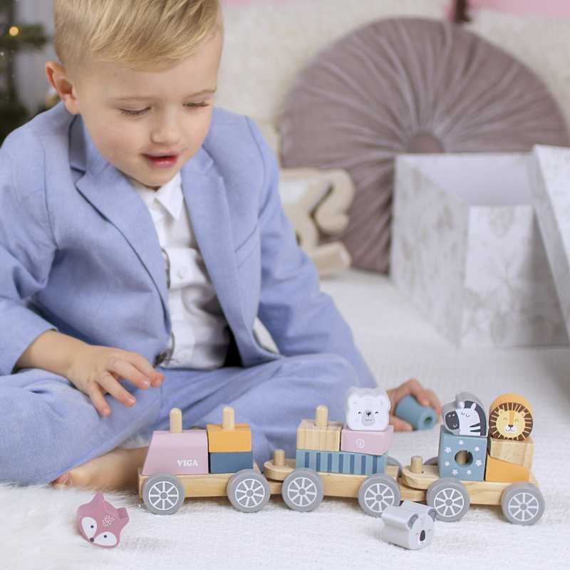 Viga medinis traukinys su vagonais ir gyvūnais PolarB Montessori