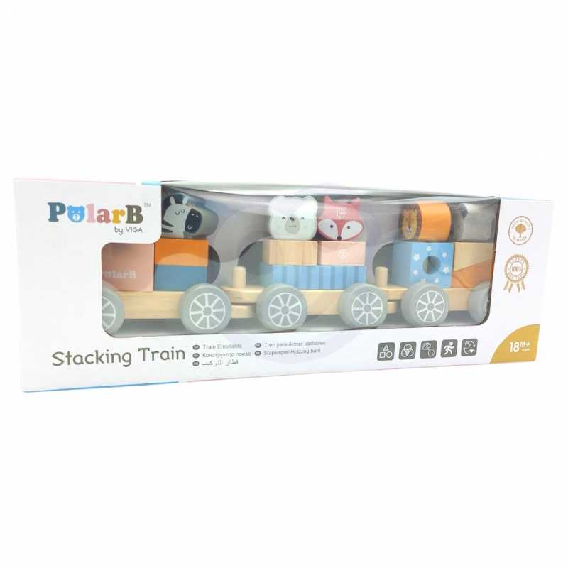 Viga medinis traukinys su vagonais ir gyvūnais PolarB Montessori