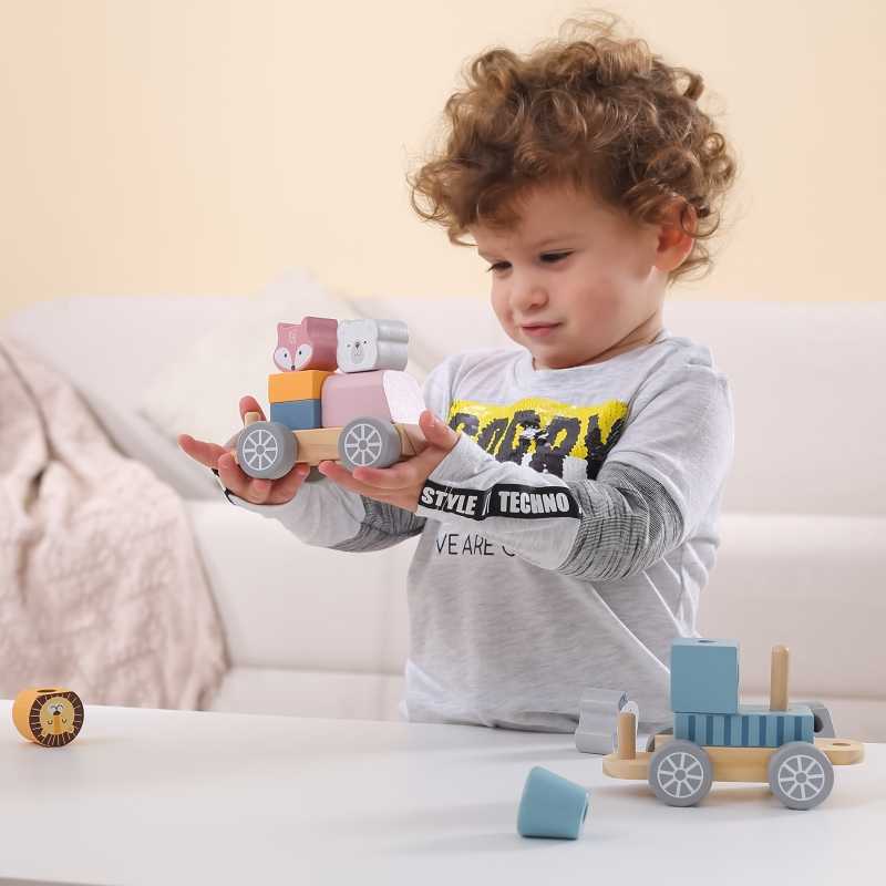 Viga medinis traukinys su vagonais ir gyvūnais PolarB Montessori